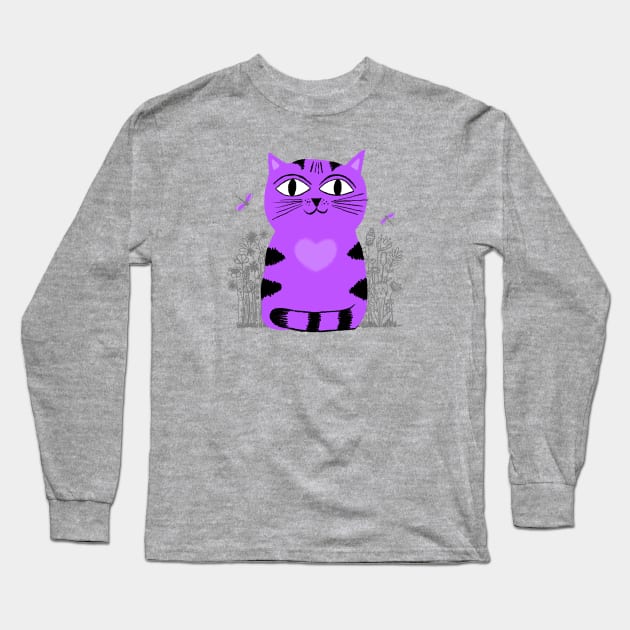 Bright Eyed Purple Kitty With Big Heart In The Garden Long Sleeve T-Shirt by LittleBunnySunshine